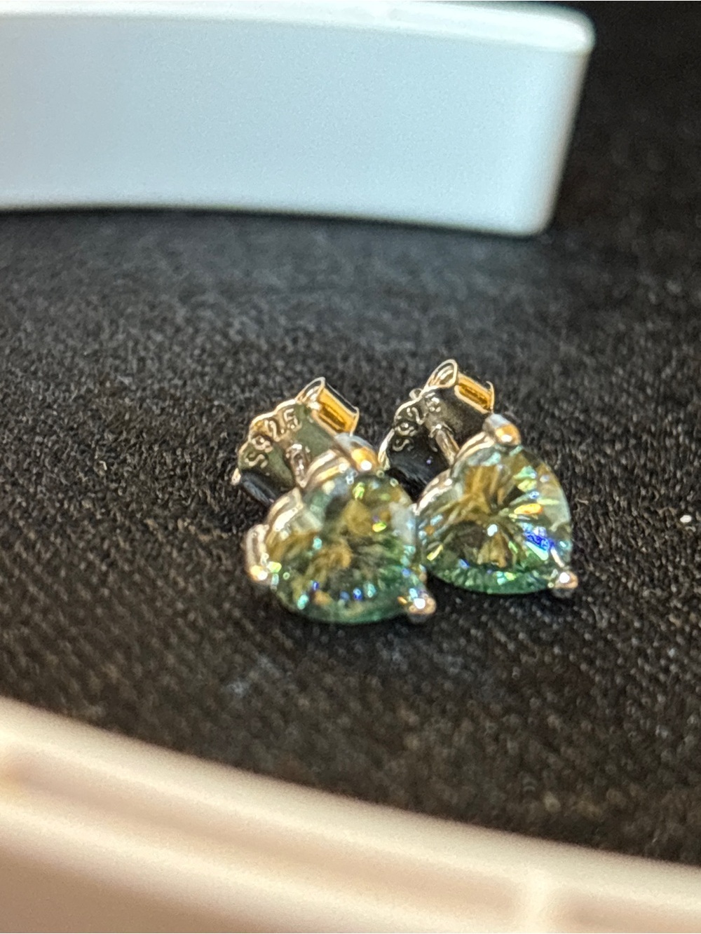.925 Sterling Silver 2ct. VVS Green Moissanite Heart Solitaire Studs - Picture 9 of 9